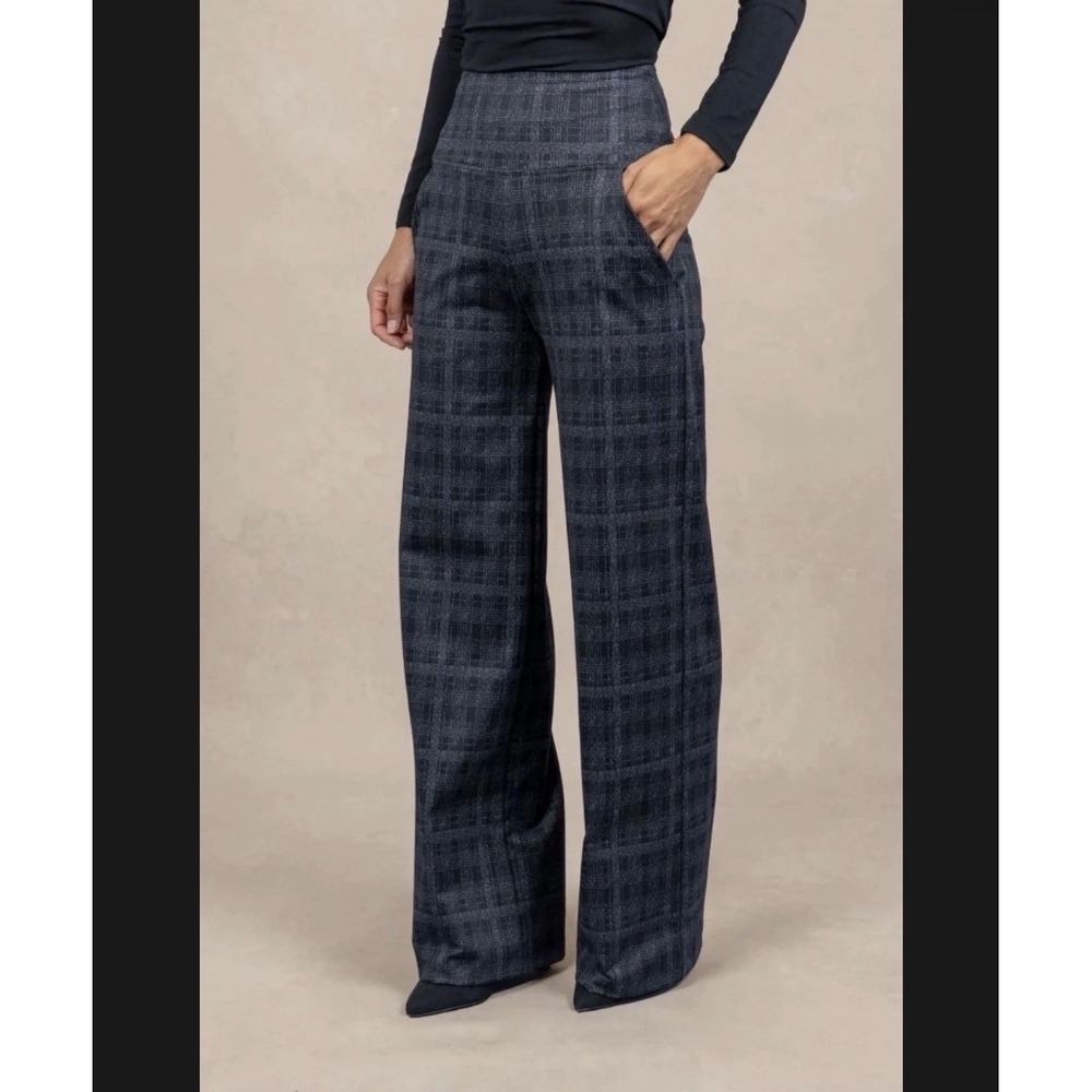 KiraGrace Wide Leg Yoga Pants Womens Medium Grey Plaid High Waist NWT